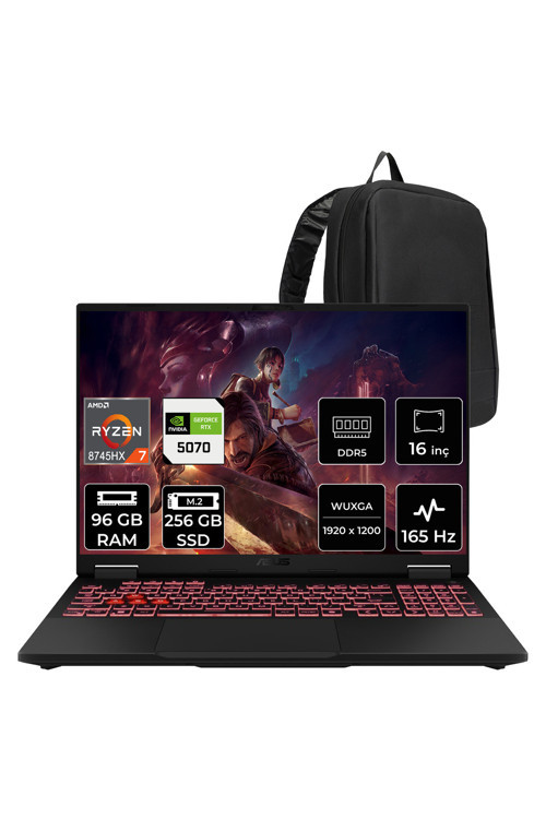 Tuf Gaming A16 AMD Ryzen 7 8745HX RTX 5070 8GB 115W 96GB RAM 256GB SSD 16" WUXGA (1920x1200) IPS 165Hz FreeDOS FA608PPRV15P349 Gaming Laptop + PER4 Çanta