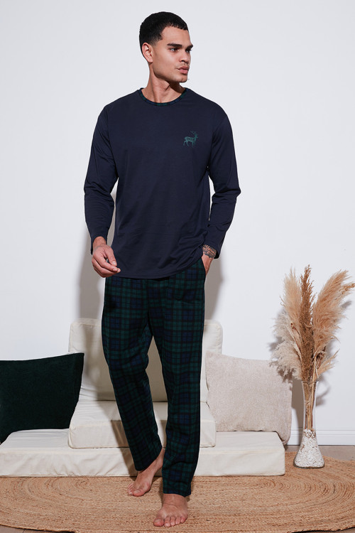 Pamuklu Regular Fit Bisiklet Yaka Ekoseli Erkek Pijama Takımı 6574001 LACİVERT