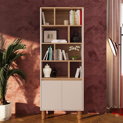 W4120 Terra 180 cm Sepet-Kumtaşı Yüksek Ayaklı, Kapaklı Kitaplık, Geniş Çok Amaçlı Dolap