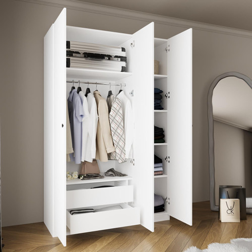 KB6040 GOSS 135 cm Beyaz Kapaklı Gardırop, 3 Kapaklı, 2 Çekmeceli, 5 Raflı, Askılı Elbise Dolabı