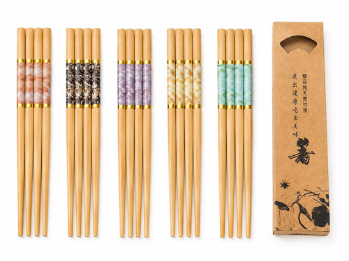 10 Çift Mermer Desenli Bambu Yemek Çubuğu Seti 20 Adet Kaymaz Uçlu Kutulu Chopstick