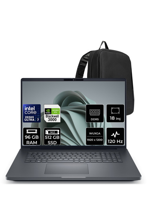 Pro Max 18 Plus Core Ultra 7 265HX RTX Pro 3000 Blackwell 12GB 96GB RAM 512GB SSD 18" QHD+ 120Hz FreeDOS MB18250P366 İş İstasyonu + PER4 Çanta