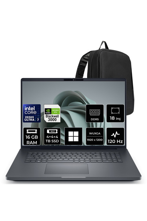 Pro Max 18 Plus Core Ultra 7 265HX RTX Pro 3000 Blackwell 12GB 16GB RAM 12TB SSD 18" QHD+ 120Hz Win11 Pro MB18250P475 İş İstasyonu + PER4 Çanta