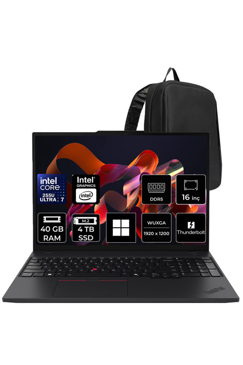 ThinkPad T16 Core Ultra 7 255U 40GB RAM 4TB SSD 16" FHD+ Win11 Home Dizüstü Bilgisayar + Per4 Çanta