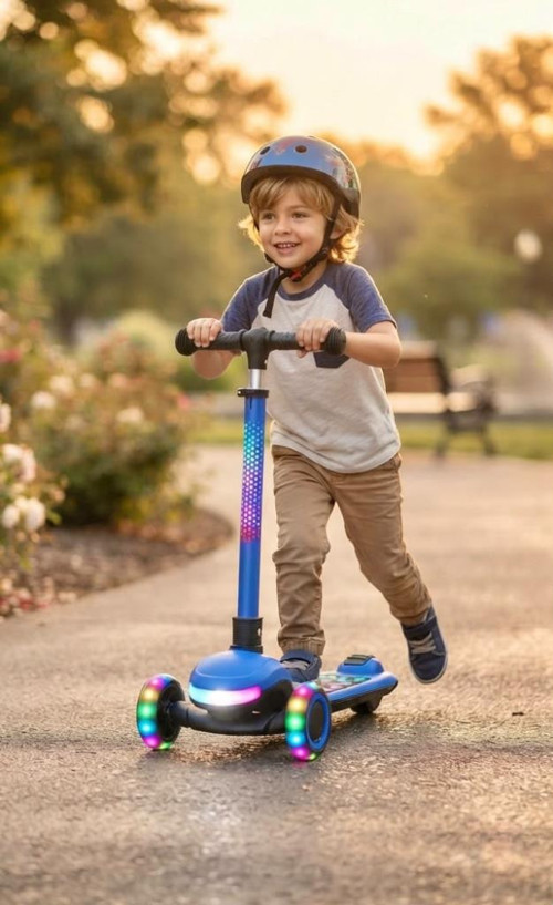 Işıklı ve Müzikli 3 Modlu Yönlendirilebilir T-Bar Sistemli 4 Farklı Yükseklik Ayarlı Çocuk Scooter'ı MAVİ
