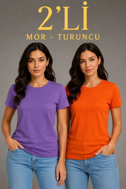 Kadın Basic Bisiklet Yaka Yazlık Slim fit T-Shirt - Mor Turuncu