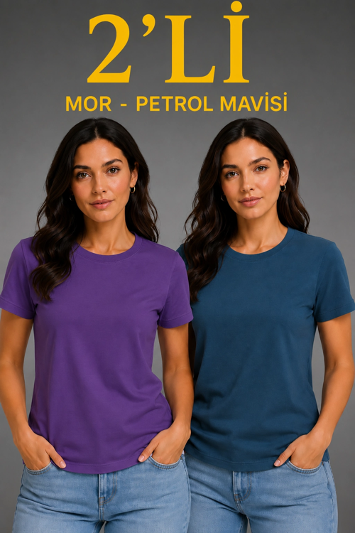Kadın Basic Bisiklet Yaka Yazlık Slim fit T-Shirt - Mor Petrol Mavisi