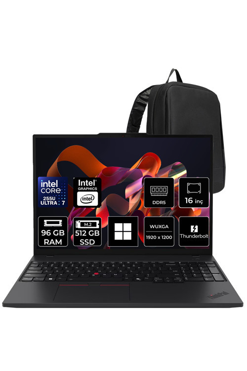 ThinkPad T16 Core Ultra 7 255U 96GB RAM 512GB SSD 16" FHD+ Win11 Home Dizüstü Bilgisayar + Per4 Çanta