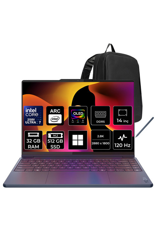 Yoga 9 Core Ultra 7 258V 32GB RAM 512GB SSD 14" WQXGA+ 2.8K OLED 120Hz Multi-Touch Win11 Home 83LC0043TRP305 2-in-1 Notebook + PER4 Çanta