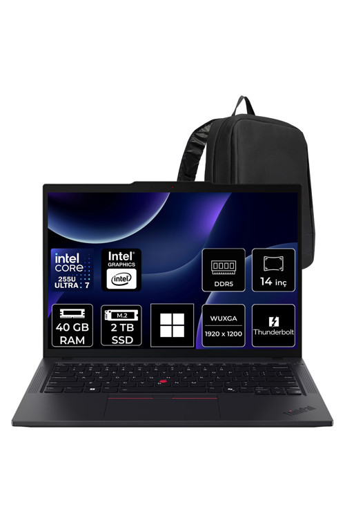 ThinkPad T14 Core Ultra 7 255U 40GB RAM 2TB SSD 14" FHD+ Win11 Home Dizüstü Bilgisayar + Per4 Çanta