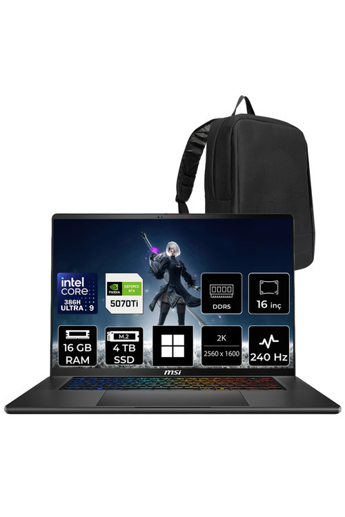 Stealth 16 AI+ Intel Core Ultra 9-386H RTX 5070 Ti 12GB 125W 16GB RAM 4TB SSD 16" QHD+ 240Hz OLED Win11 Home B3WH011TRP371 Gaming Laptop + PER4 Çanta