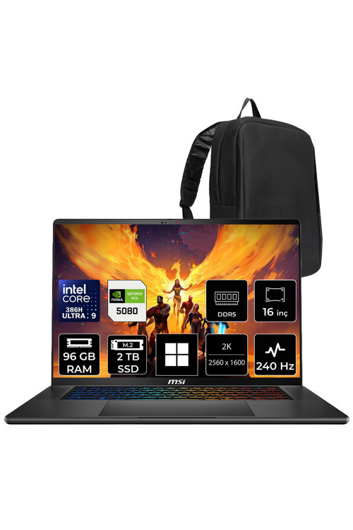Stealth 16 AI+ Intel Core Ultra 9-386H RTX 5080 16GB 125W 96GB RAM 2TB SSD 16" QHD+ 240Hz OLED Win11 Pro B3WI003TRP472 Gaming Laptop + PER4 Çanta