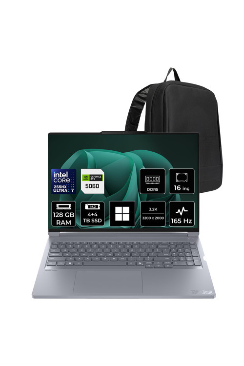 ThinkBook 16P G6 IAX Core Ultra 7 255HX RTX 5060 8GB 115W 128GB RAM 4TB + 4TB SSD 16" 3.2K (3200x2000) IPS 500nits 165Hz Win11 Pro 21R0001GTXP480 Gaming Laptop + PER4 Çanta