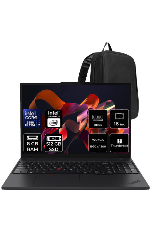 ThinkPad T16 Core Ultra 7 255U 8GB RAM 512GB SSD 16" FHD+ FreeDOS Dizüstü Bilgisayar + Per4 Çanta