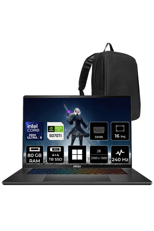 Stealth 16 AI+ Intel Core Ultra 9-386H RTX 5070 Ti 12GB 125W 80GB RAM 4TB + 4TB SSD 16" QHD+ 240Hz OLED Win11 Home B3WH011TRP408 Gaming Laptop + PER4 Çanta