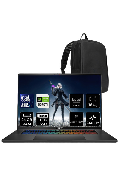 Stealth 16 AI+ Intel Core Ultra 9-386H RTX 5070 Ti 12GB 125W 24GB RAM 1TB SSD 16" QHD+ 240Hz OLED FreeDOS B3WH011TRP315 Gaming Laptop + PER4 Çanta