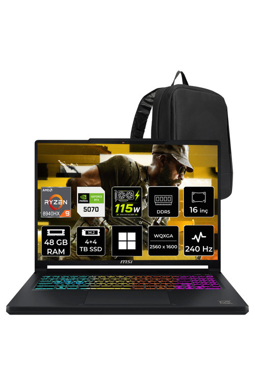 Crosshair A16 HX Ryzen 9 8940HX RTX 5070 8GB 115W 48GB RAM 4TB + 4TB SSD 16″ QHD+ (2560 x 1600) 240Hz Win11 Home E8WGK011XTRP396 Gaming Laptop + PER4 Çanta