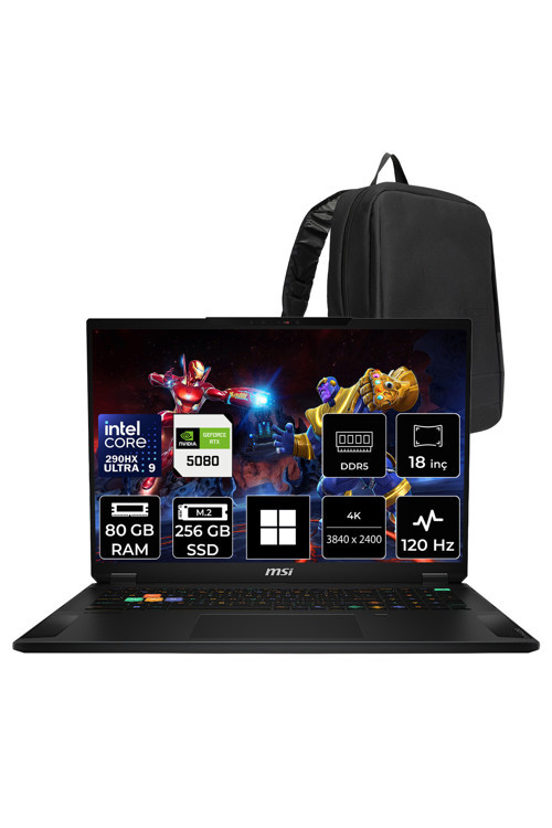 Stealth 18 HX Intel Core Ultra 9-290HX Plus RTX 5080 16GB 150W 80GB RAM 256GB SSD 18" 4K UHD+ 120Hz Win11 Pro A2WI081TRP343 Gaming Laptop + PER4 Çanta