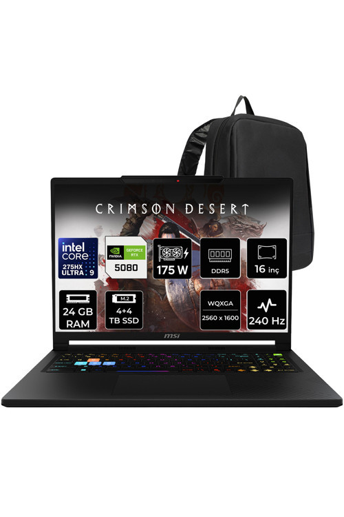 Raider 16 HX Core Ultra 9 275HX RTX 5080 16 GB 175W 24GB RAM 4TB + 4TB SSD 16" QHD+ 240Hz FreeDOS B2WI021TRP318 Gaming Laptop + PER4 Çanta