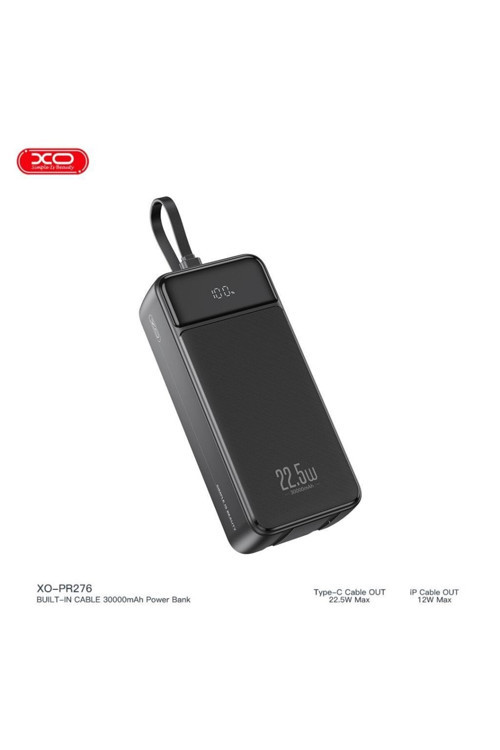 30000mAh 22.5W Hızlı Şarjlı Dijital Ekranlı Dahili Kablolu Siyah Powerbank