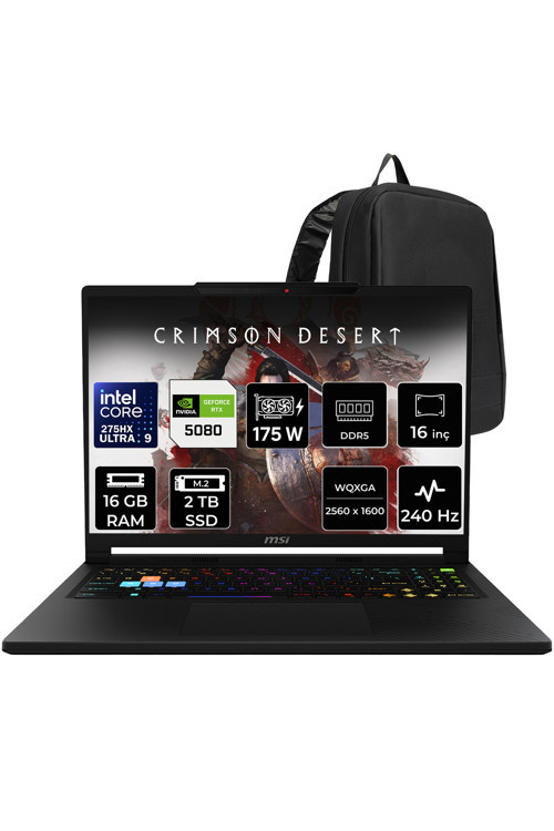 Raider 16 HX Core Ultra 9 275HX RTX 5080 16 GB 175W 16GB RAM 2TB SSD 16" QHD+ 240Hz FreeDOS B2WI021TRP310 Gaming Laptop + PER4 Çanta