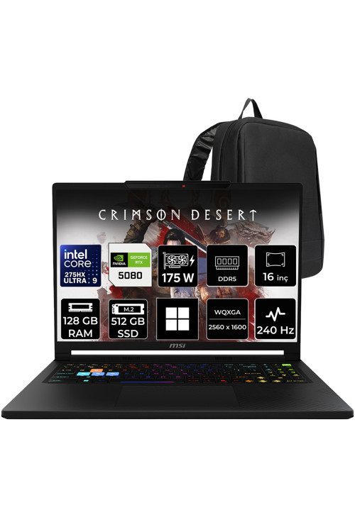 Raider 16 HX Core Ultra 9 275HX RTX 5080 16 GB 175W 128GB RAM 512GB SSD 16" QHD+ 240Hz Win11 Pro B2WI021TRP476 Gaming Laptop + PER4 Çanta
