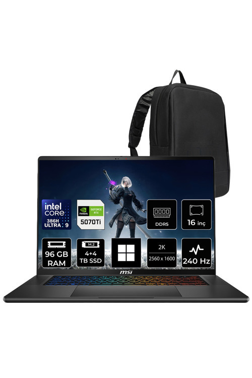 Stealth 16 AI+ Intel Core Ultra 9-386H RTX 5070 Ti 12GB 125W 96GB RAM 4TB + 4TB SSD 16" QHD+ 240Hz OLED Win11 Pro B3WH011TRP474 Gaming Laptop + PER4 Çanta