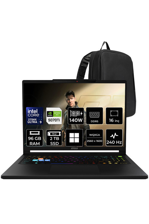 Raider 16 HX Core Ultra 9 275HX RTX 5070 Ti 12GB 140W 96GB RAM 2TB SSD 16" QHD+ 240Hz Win11 Home B2WH091TRP412 Gaming Laptop + PER4 Çanta