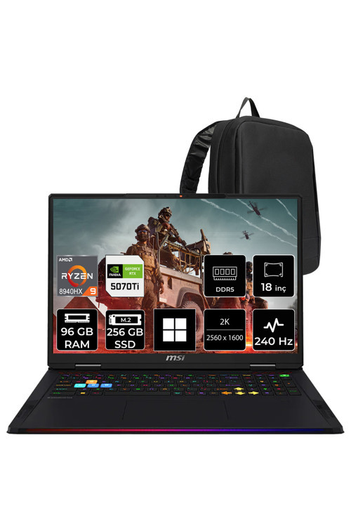 Raider A18 HX AMD Ryzen 9-8940HX RTX 5070 Ti 12GB 140W 96GB RAM 256GB SSD 18" 2K QHD+ 240Hz Win11 Pro A8WHG280TRP469 Gaming Laptop + PER4 Çanta