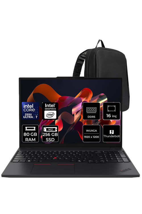 ThinkPad T16 Core Ultra 7 255U 80GB RAM 256GB SSD 16" FHD+ FreeDOS Dizüstü Bilgisayar + Per4 Çanta