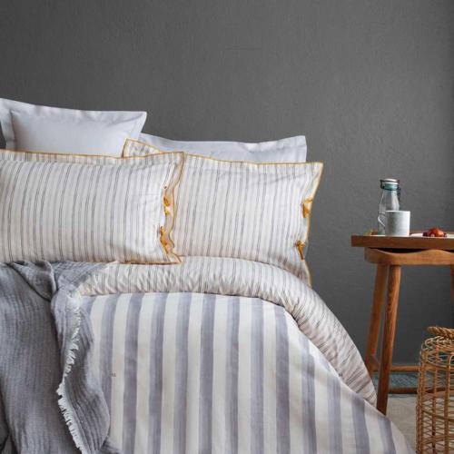 Muslin Çift Kişilik Yatak Örtülü Nevresim Takımı Stripe Beige