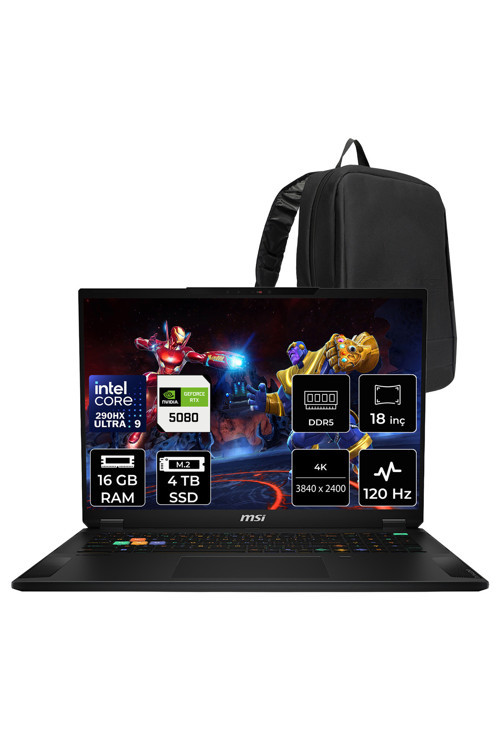 Stealth 18 HX Intel Core Ultra 9-290HX Plus RTX 5080 16GB 150W 16GB RAM 4TB SSD 18" 4K UHD+ 120Hz FreeDOS A2WI081TRP311 Gaming Laptop + PER4 Çanta