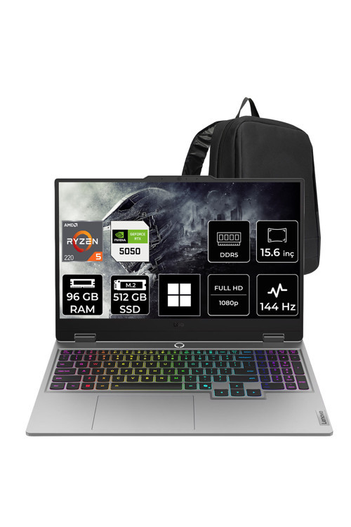 LOQ 15AHP10 Ryzen 5 220 RTX 5050 8GB 100W 96GB RAM 512GB SSD 15.6" FHD (1920x1080) 144Hz Win11 Pro 83JG006BTRP350 Gaming Laptop + PER4 Çanta