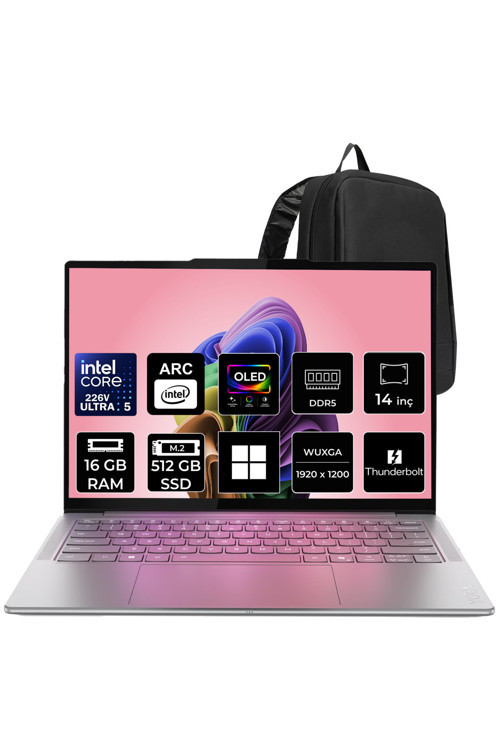 Yoga Slim 7 Aura Edition Core Ultra 5 226V 16GB RAM 512GB SSD 14" FHD+ OLED Win11 Home 83JX00BATRP305 Notebook + PER4 Çanta