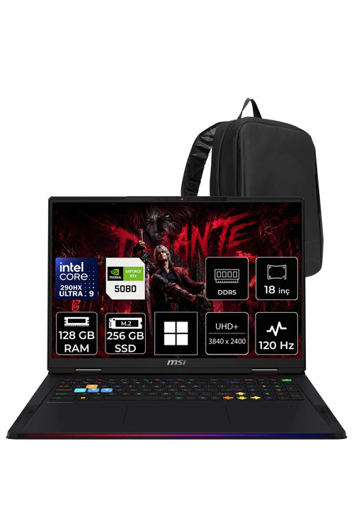 Raider 18 MAX HX Ultra 9 290HX Plus RTX 5080 16GB 175W 128GB RAM 256GB SSD 18″ UHD+ (3840×2400) MiniLED 120Hz Win11 Pro A2WI1040TRP475 Gaming Laptop + PER4 Çanta