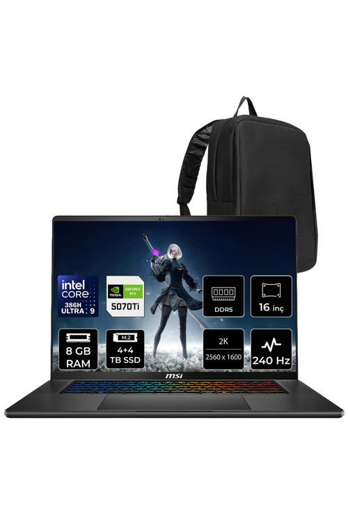 Stealth 16 AI+ Intel Core Ultra 9-386H RTX 5070 Ti 12GB 125W 8GB RAM 4TB + 4TB SSD 16" QHD+ 240Hz OLED FreeDOS B3WH011TRP306 Gaming Laptop + PER4 Çanta