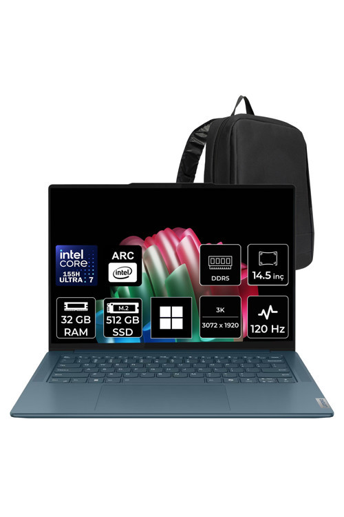 Yoga Pro 7 Core Ultra 7 155H 32GB RAM 512GB SSD 14.5" 3K 400nits 120Hz Multi-Touch Win11 Home 83E20013TRP307 Notebook + PER4 Çanta