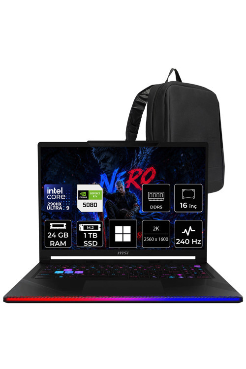 Raider 16 MAX HX Ultra 9 290HX Plus RTX 5080 16GB 175W 24GB RAM 1TB SSD 16″ QHD+ (2560 x 1600) OLED 240Hz Win11 Home B2WI092TRP375 Gaming Laptop + PER4 Çanta