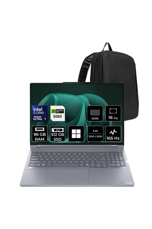 ThinkBook 16P G6 IAX Core Ultra 7 255HX RTX 5060 8GB 115W 96GB RAM 512GB SSD 16" 3.2K (3200x2000) IPS 500nits 165Hz Win11 Pro 21R0001GTXP470 Gaming Laptop + PER4 Çanta