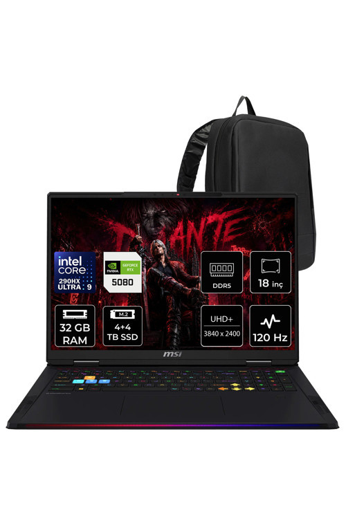 Raider 18 MAX HX Ultra 9 290HX Plus RTX 5080 16GB 175W 32GB RAM 4TB + 4TB SSD 18″ UHD+ (3840×2400) MiniLED 120Hz FreeDOS A2WI1040TRP324 Gaming Laptop + PER4 Çanta