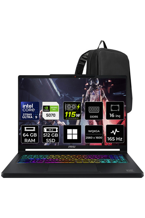 Crosshair 16 Max HX Ultra 9 275HX RTX 5070 12GB 115W 64GB RAM 512GB SSD 16″ QHD+ (2560 x 1600) OLED 165Hz Win11 Home E2WGXK043TRP398 Gaming Laptop + PER4 Çanta