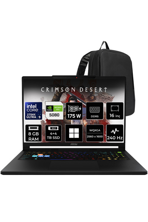 Raider 16 HX Core Ultra 9 275HX RTX 5080 16 GB 175W 8GB RAM 4TB + 4TB SSD 16" QHD+ 240Hz Win11 Home B2WI021TRP366 Gaming Laptop + PER4 Çanta