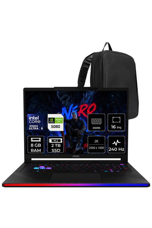 Raider 16 MAX HX Ultra 9 290HX Plus RTX 5080 16GB 175W 8GB RAM 2TB SSD 16″ QHD+ (2560 x 1600) OLED 240Hz FreeDOS B2WI092TRP304 Gaming Laptop + PER4 Çanta