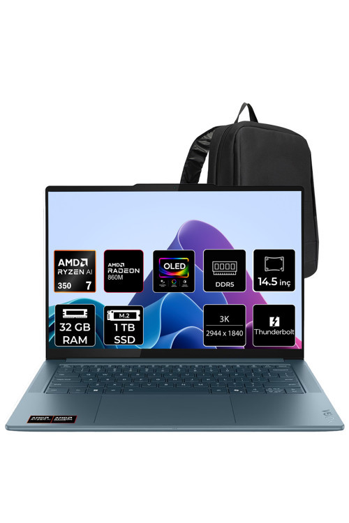 Yoga Pro 7 Ryzen AI 7 350 32GB RAM 1TB SSD 14.5" 3K OLED Win11 Pro 83KG000HTRP313 Notebook + PER4 Çanta