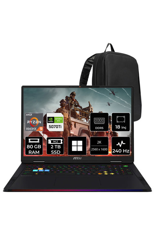 Raider A18 HX AMD Ryzen 9-8940HX RTX 5070 Ti 12GB 140W 80GB RAM 2TB SSD 18" 2K QHD+ 240Hz Win11 Pro A8WHG280TRP466 Gaming Laptop + PER4 Çanta