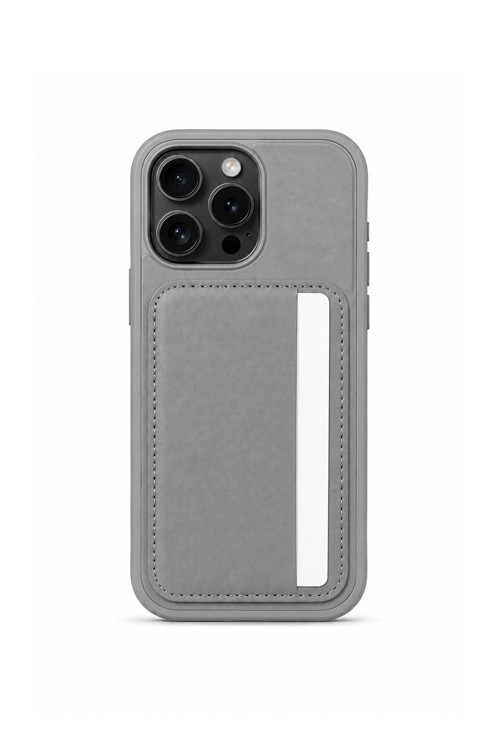Cardx iPhone 16 Pro Max Uyumlu Vegan Deri Kartlıklı Kamera Korumalı Kılıf Gri