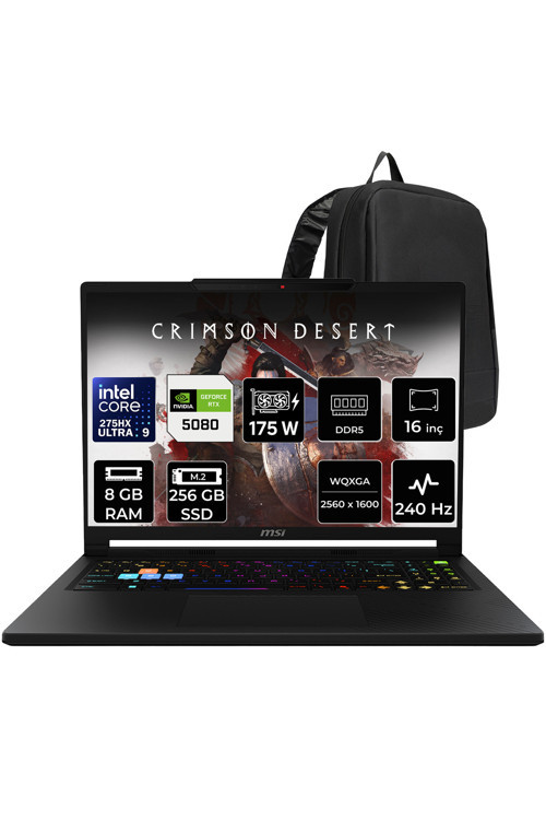 Raider 16 HX Core Ultra 9 275HX RTX 5080 16 GB 175W 8GB RAM 256GB SSD 16" QHD+ 240Hz FreeDOS B2WI021TRP301 Gaming Laptop + PER4 Çanta