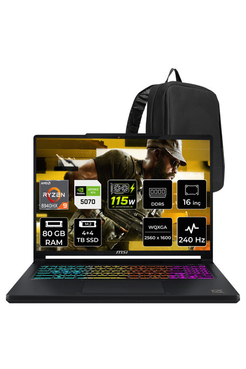 Crosshair A16 HX Ryzen 9 8940HX RTX 5070 8GB 115W 80GB RAM 4TB + 4TB SSD 16″ QHD+ (2560 x 1600) 240Hz FreeDOS E8WGK011XTRP348 Gaming Laptop + PER4 Çanta