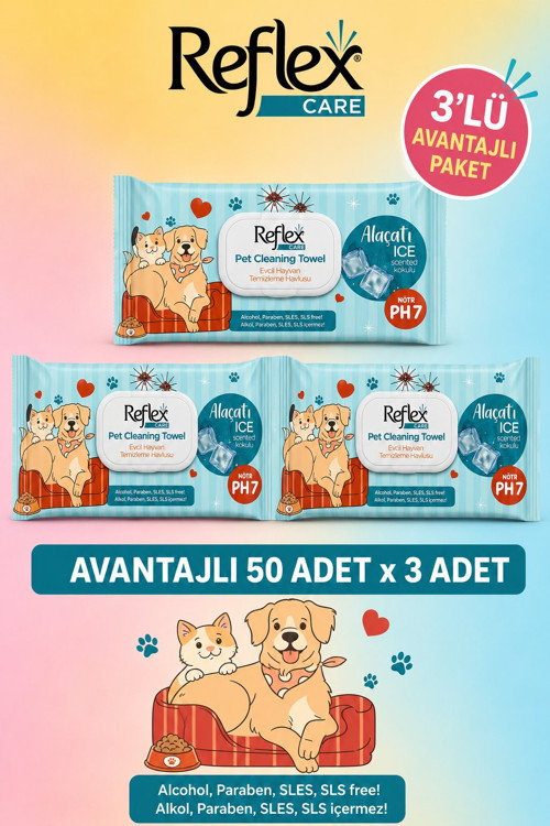 CARE EVCİL HAYVANLAR İÇİN ÇOK AMAÇLI HİJYENİK TEMİZLEME HAVLUSU 50Lİ ALAÇATI İCE KOKULU 3 LÜ AVANTAJ PAKET