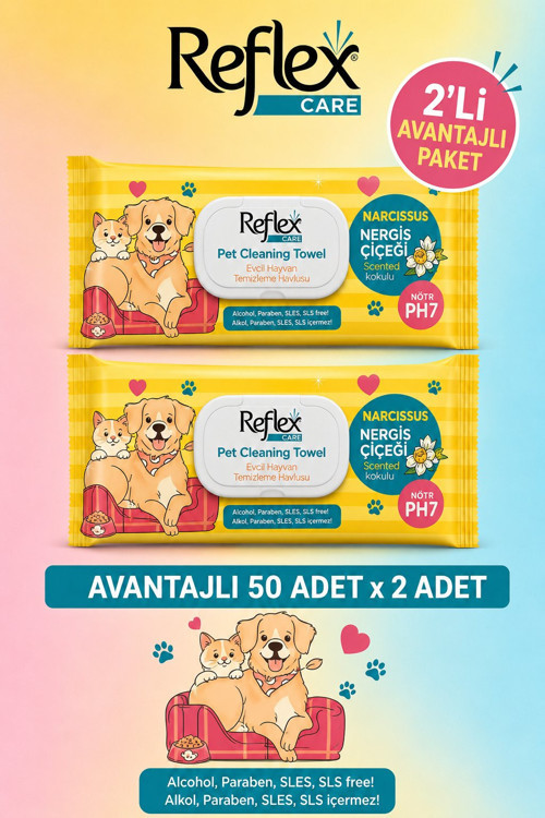 CARE EVCİL HAYVANLAR İÇİN ÇOK AMAÇLI HİJYENİK TEMİZLEME HAVLUSU 50Lİ NERGİS ÇİÇEĞİ KOKULU 2Lİ AVATAJLI PAKET